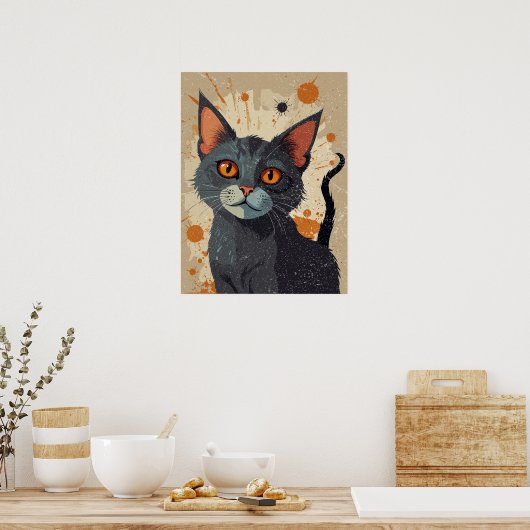 Grijze kat met kleurrijke vormen poster (Keuken)
