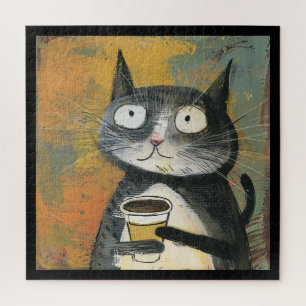 Grijze kat met koffie op oker legpuzzel