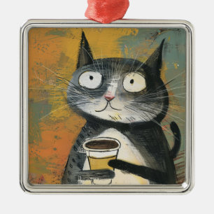 Grijze kat met koffie op oker metalen ornament
