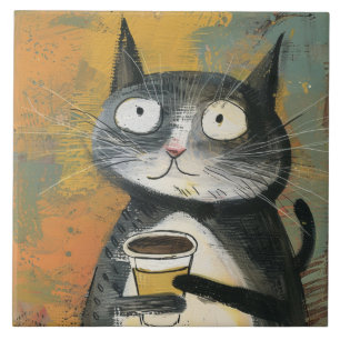 Grijze kat met koffie op oker tegeltje