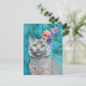 Grijze kat met melk briefkaart (Staand voorkant)