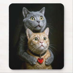 Grijze kat met oranje kat in knuffelhouding muismat