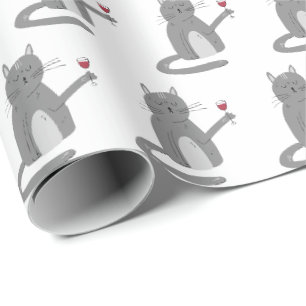 Grijze kat met rode wijn cadeaupapier