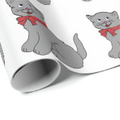 Grijze kat met rood krulpapier cadeaupapier (Rol Hoek)