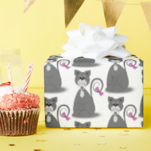 grijze kat met roze strik cadeaupapier