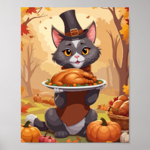 Grijze kat met Thanksgiving kalkoen Poster