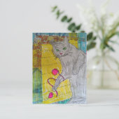 Grijze kat mixed media collage briefkaart (Staand voorkant)