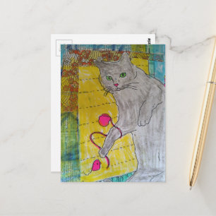Grijze kat mixed media collage briefkaart