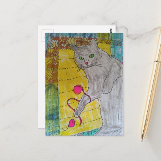 Grijze kat mixed media collage briefkaart (Voorkant / Achterkant in situ)