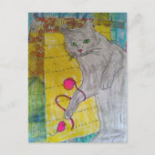 Grijze kat mixed media collage briefkaart (Voorkant)