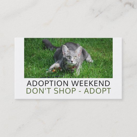 Grijze kat op gras, Pet Adoption Event Adverteren Visitekaartje (Voorkant)