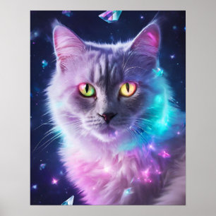 GRIJZE KAT REGENBOOG ZILVEREN KUNST POSTER