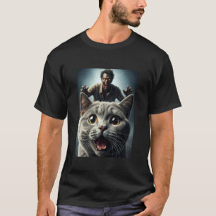 Grijze kat selfie met zombie grappige huisdier eig t-shirt