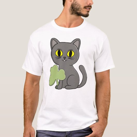 Grijze Kat Shamrock Clover Charme T-shirt (Voorkant)