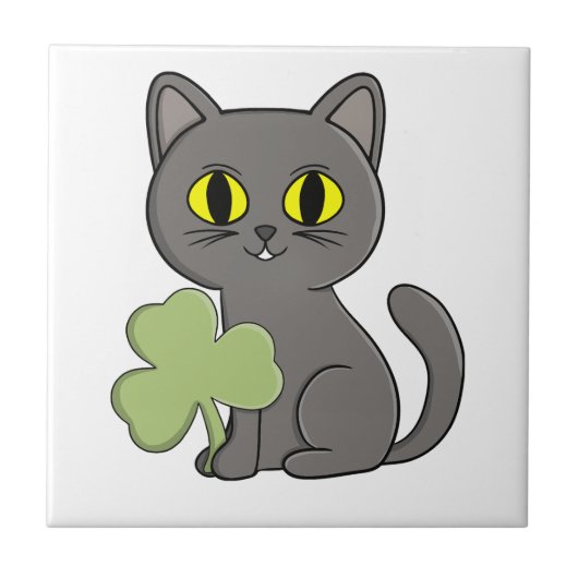 Grijze Kat Shamrock Klaver Charme Tegeltje (Voorkant)