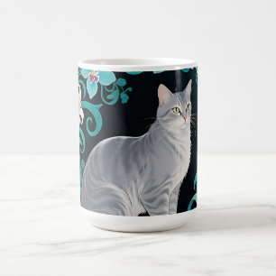 Grijze Kat Sierlijk Bloemmotief Lijst Koffiemok
