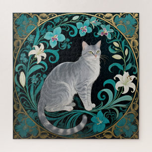 Grijze Kat Sierlijke Bloemrijke Lijst Legpuzzel