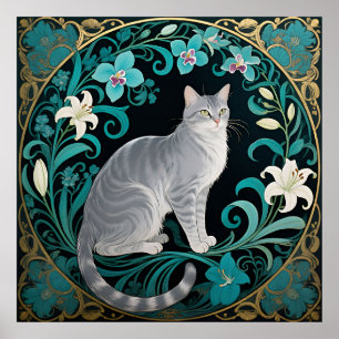 Grijze Kat Sierlijke Bloemrijke Lijst Poster