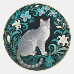 Grijze Kat Sierlijke Bloemrijke Lijst Ronde Sticker