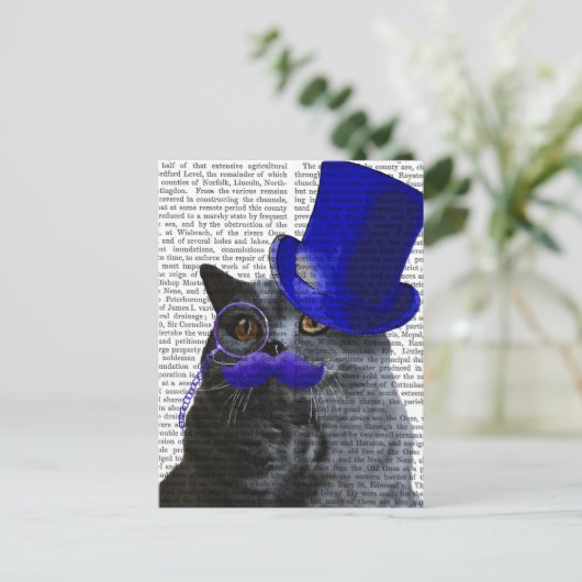 Grijze katje met blauw bovenste hak en blauwe snor briefkaart (Staand voorkant)