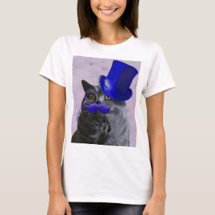 Grijze katje met blauw bovenste hak en snor t-shirt