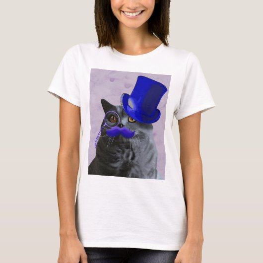 Grijze katje met blauw bovenste hak en snor t-shirt (Voorkant)