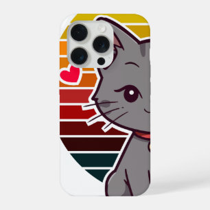 Grijze Kawaii Kat Retro Zonsondergang Anime Kunst iPhone 15 Pro Case