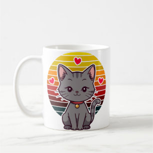 Grijze Kawaii Kat Retro Zonsondergang Anime Kunst Koffiemok