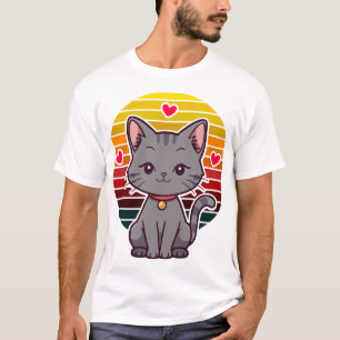 Grijze Kawaii Kat Retro Zonsondergang Anime Kunst T-shirt