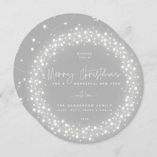 Grijze kerst-kerstscript Mousserende lichten Feestdagenkaart (Voorkant / Achterkant)