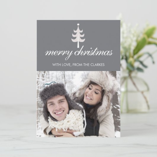 Grijze kerstfotokaarten met een boom feestdagenkaart (Staand voorkant)