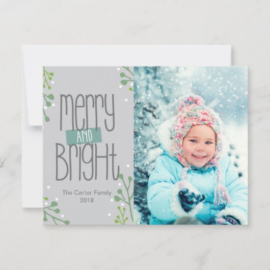 Grijze Kerstkaart met Merry and Bright (Voorkant)