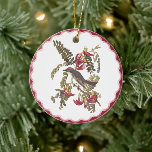 Grijze kingvogel in roze bloeiende vogelboom keramisch ornament (Boom)