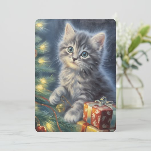 Grijze Kittens Kerstmis  Feestdagenkaart (Staand voorkant)