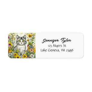 Grijze kitty kat zitten in bloemen etiket