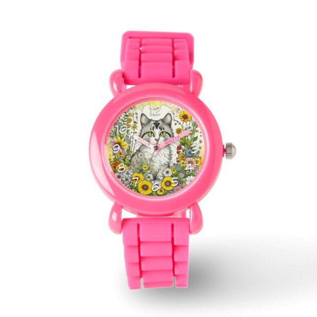 Grijze kitty kat zitten in bloemen horloge (Voorkant)
