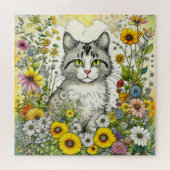Grijze kitty kat zitten in bloemen legpuzzel (Horizontaal)