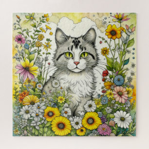 Grijze kitty kat zitten in bloemen legpuzzel
