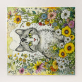 Grijze kitty kat zitten in bloemen legpuzzel (Verticaal)