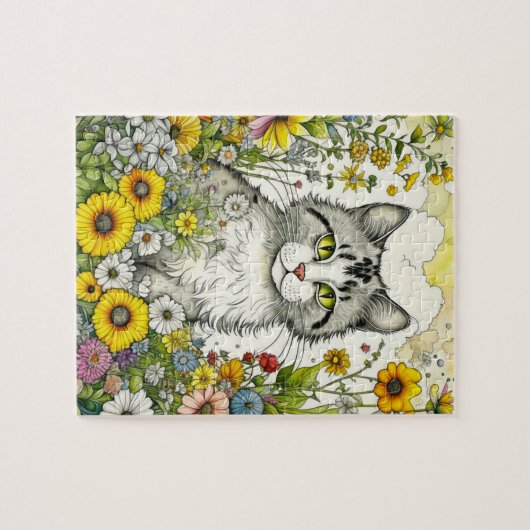 Grijze kitty kat zitten in bloemen legpuzzel (Horizontaal)