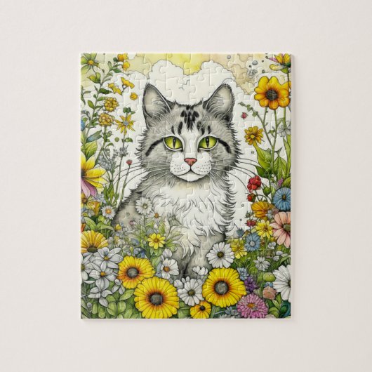 Grijze kitty kat zitten in bloemen legpuzzel (Verticaal)
