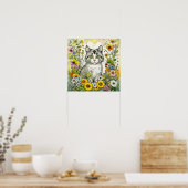 Grijze kitty kat zitten in bloemen poster (Keuken)