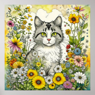 Grijze kitty kat zitten in bloemen poster