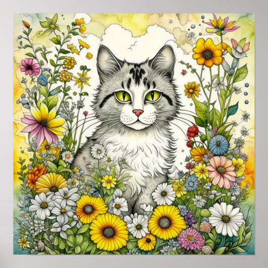 Grijze kitty kat zitten in bloemen poster (Voorkant)