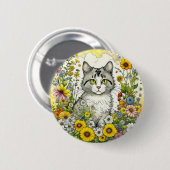 Grijze kitty kat zitten in bloemen ronde button 5,7 cm (Voorkant /achterkant)