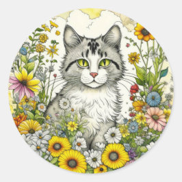 Grijze kitty kat zitten in bloemen ronde sticker