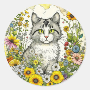 Grijze kitty kat zitten in bloemen ronde sticker
