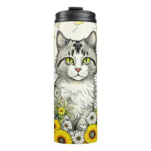 Grijze kitty kat zitten in bloemen thermosbeker (Voorkant)