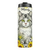 Grijze kitty kat zitten in bloemen thermosbeker (Voorkant)