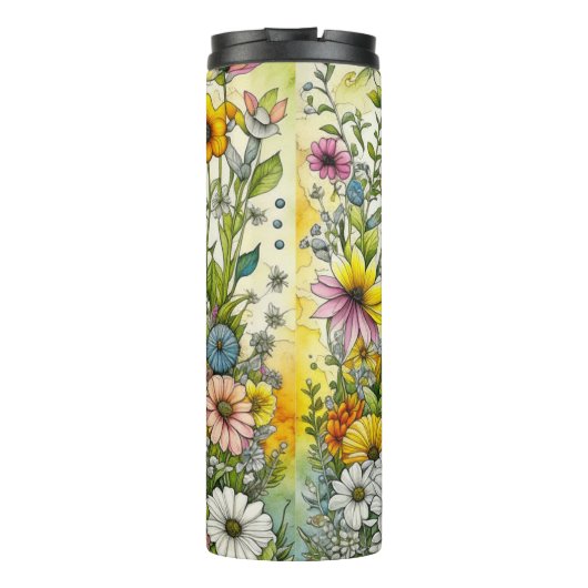 Grijze kitty kat zitten in bloemen thermosbeker (Achterkant)